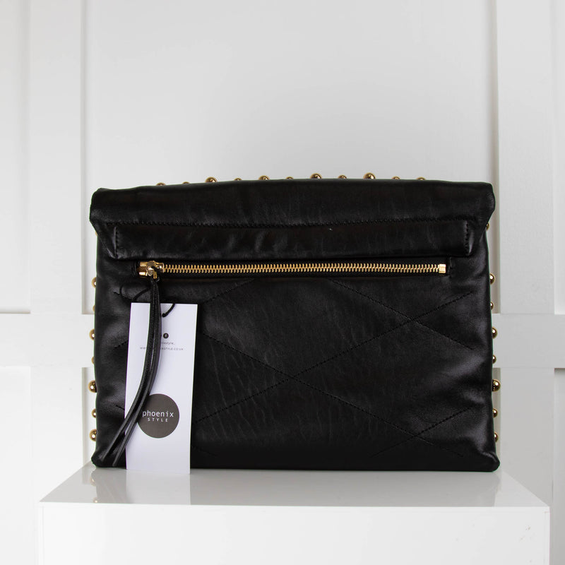 Lanvin Black Sugar Medium Gold Studs Leather Flap Shoulder Bag