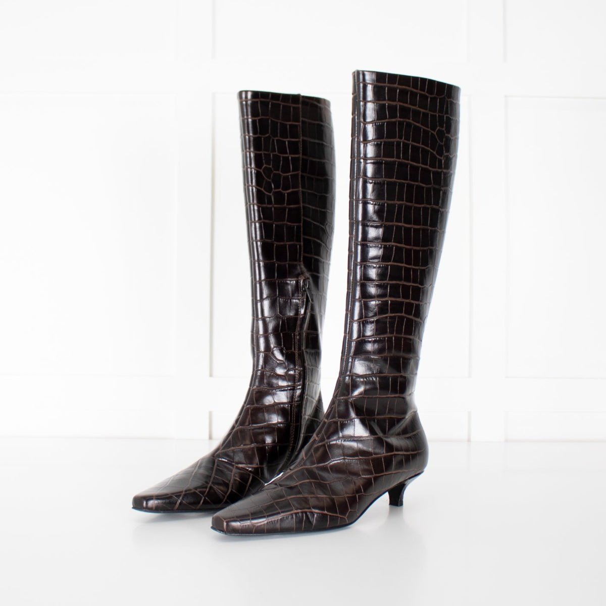 Toteme 35mm Brown Embossed Croc Kitten Heel Knee High