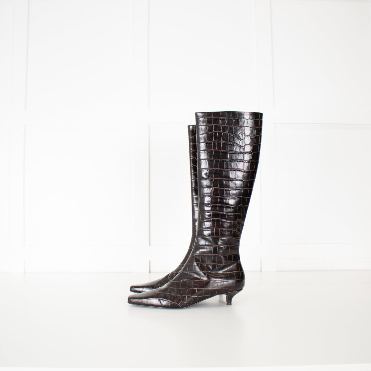 Toteme 35mm Brown Embossed Croc Kitten Heel Knee High
