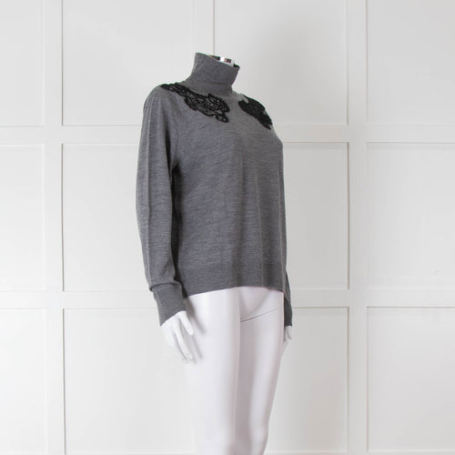 Sandro Grey Turtleneck Jumper with Lace Inserts