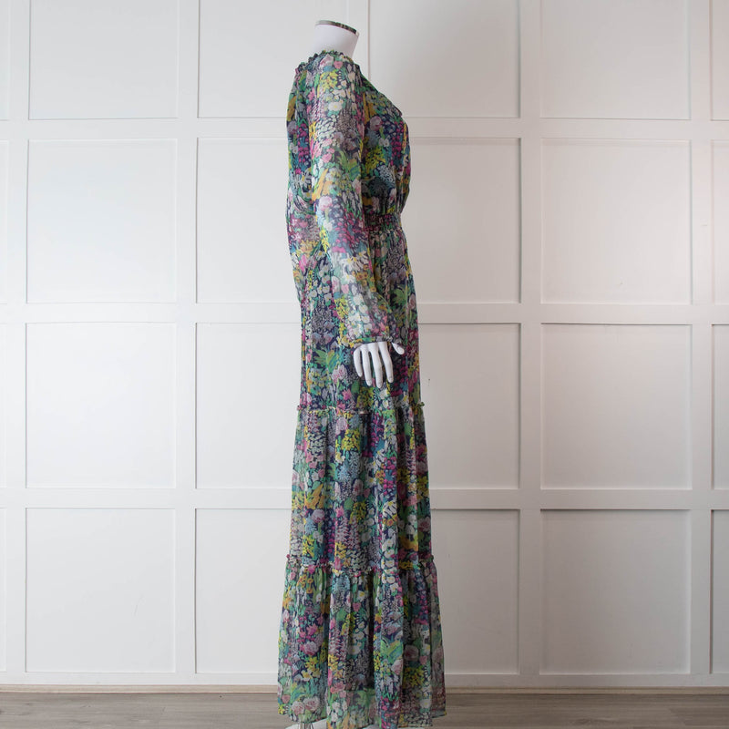 Ridley Multicolour Floral Silk Long Sleeve Tiered Dress