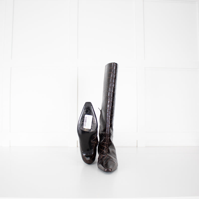 Toteme 35mm Brown Embossed Croc Kitten Heel Knee High