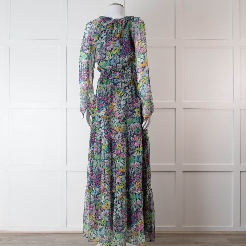 Ridley Multicolour Floral Silk Long Sleeve Tiered Dress