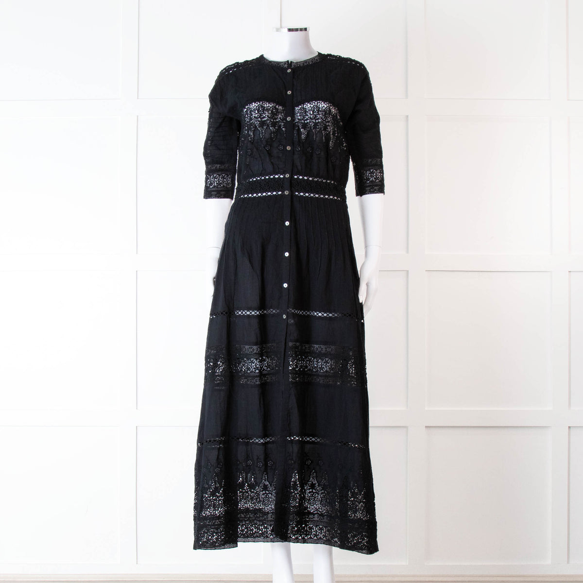 LoveShackFancy Black Cotton Lace Trim Button Up Maxi Dress