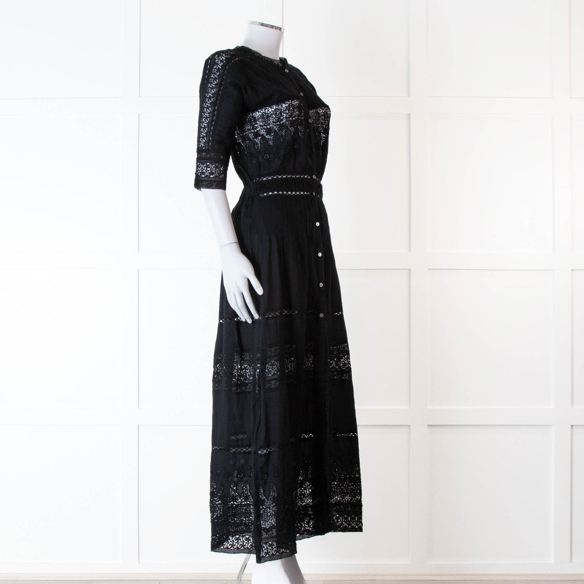 LoveShackFancy Black Cotton Lace Trim Button Up Maxi Dress