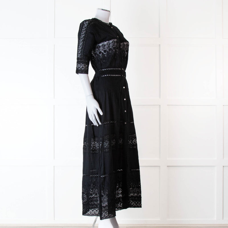 LoveShackFancy Black Cotton Lace Trim Button Up Maxi Dress