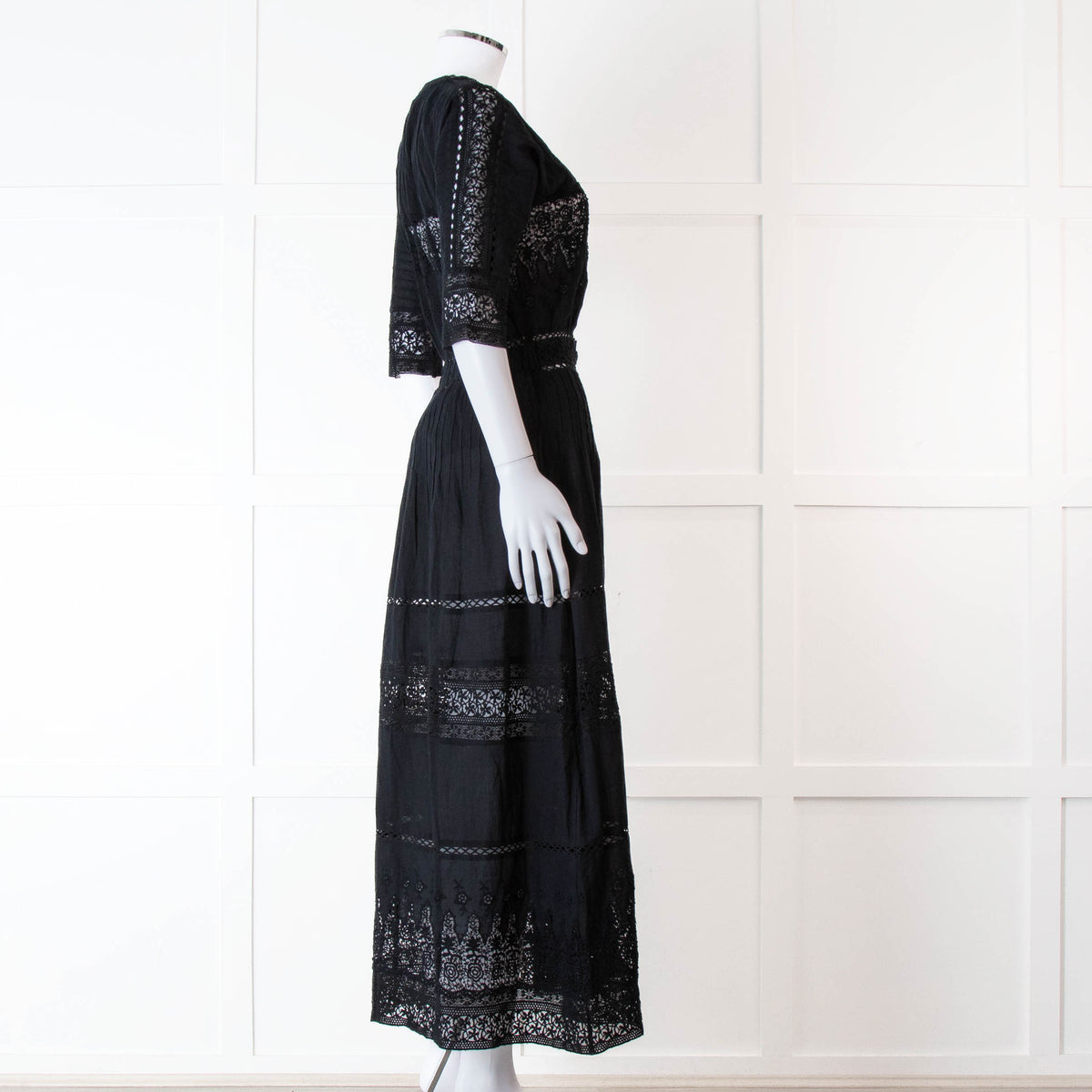 LoveShackFancy Black Cotton Lace Trim Button Up Maxi Dress