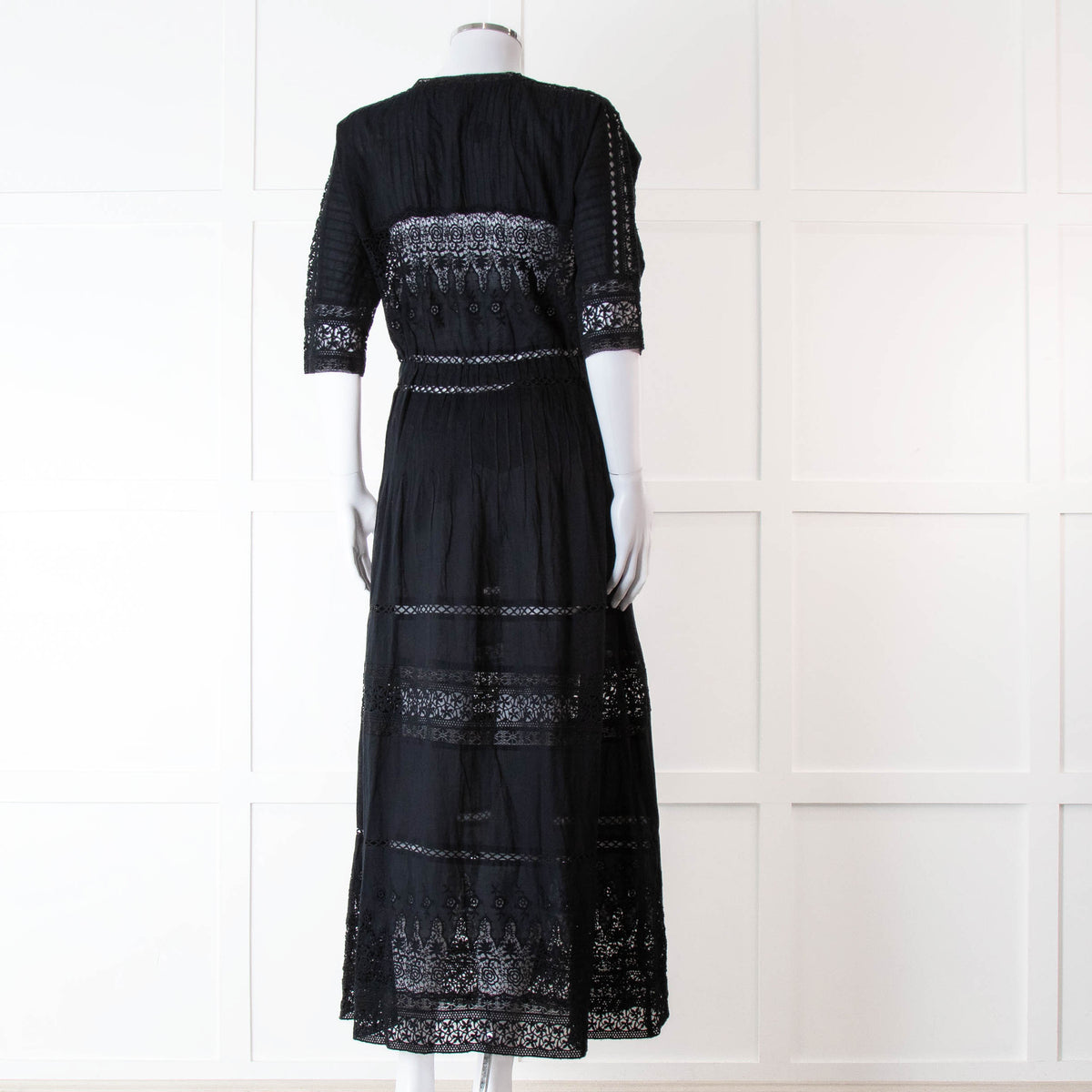 LoveShackFancy Black Cotton Lace Trim Button Up Maxi Dress