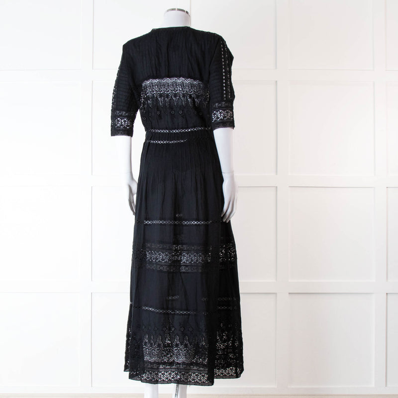 LoveShackFancy Black Cotton Lace Trim Button Up Maxi Dress