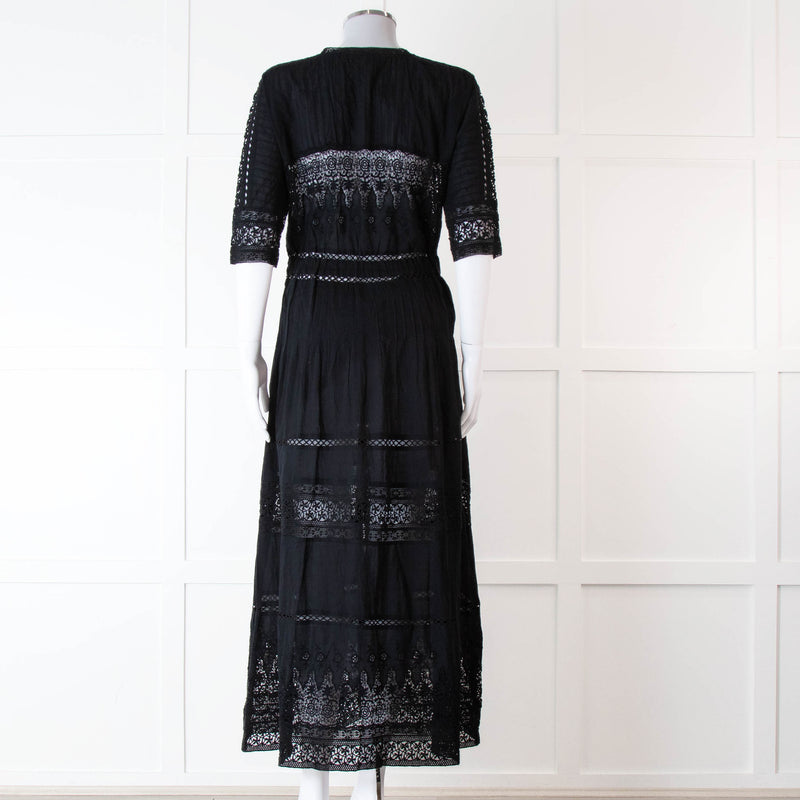 LoveShackFancy Black Cotton Lace Trim Button Up Maxi Dress