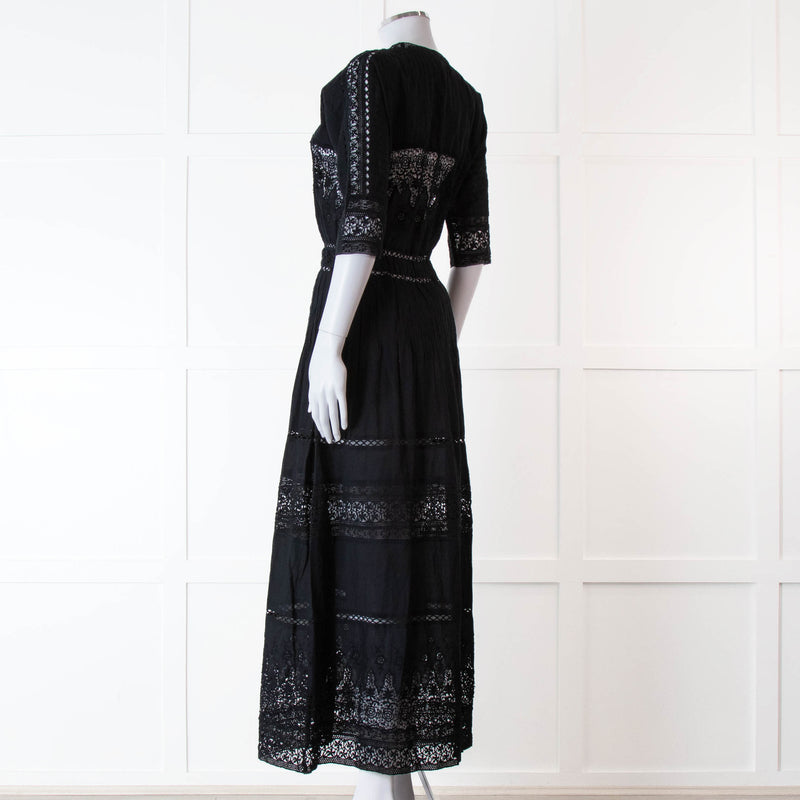 LoveShackFancy Black Cotton Lace Trim Button Up Maxi Dress
