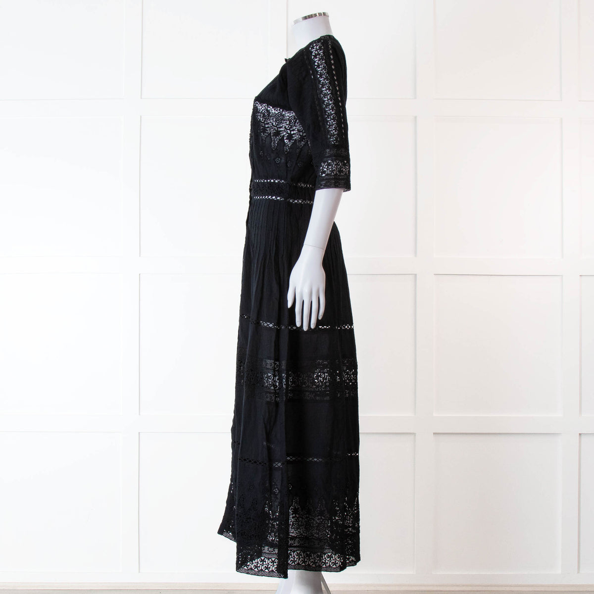 LoveShackFancy Black Cotton Lace Trim Button Up Maxi Dress