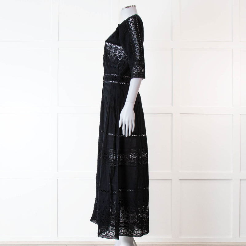 LoveShackFancy Black Cotton Lace Trim Button Up Maxi Dress