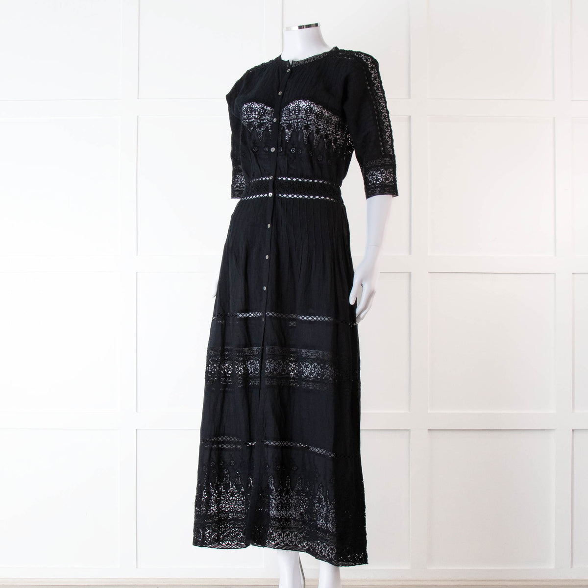 LoveShackFancy Black Cotton Lace Trim Button Up Maxi Dress