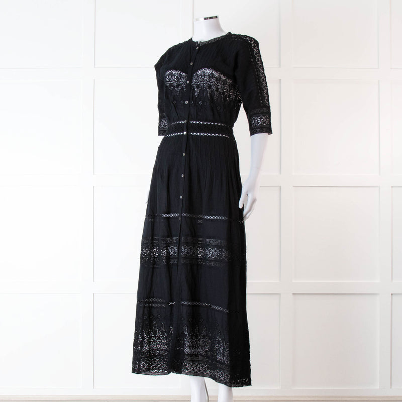 LoveShackFancy Black Cotton Lace Trim Button Up Maxi Dress
