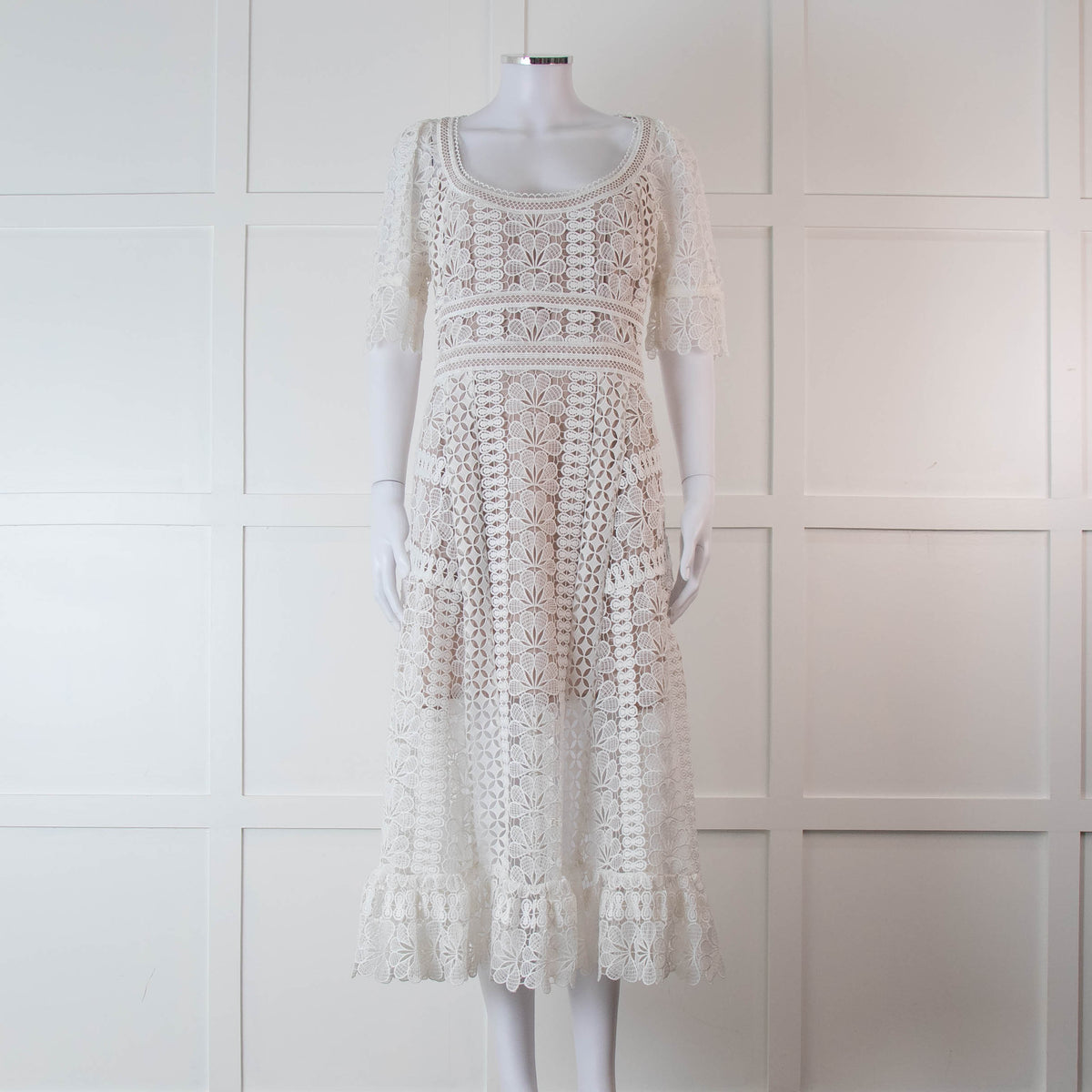 Self-Portrait White Lace Short Sleeve Midi Dress