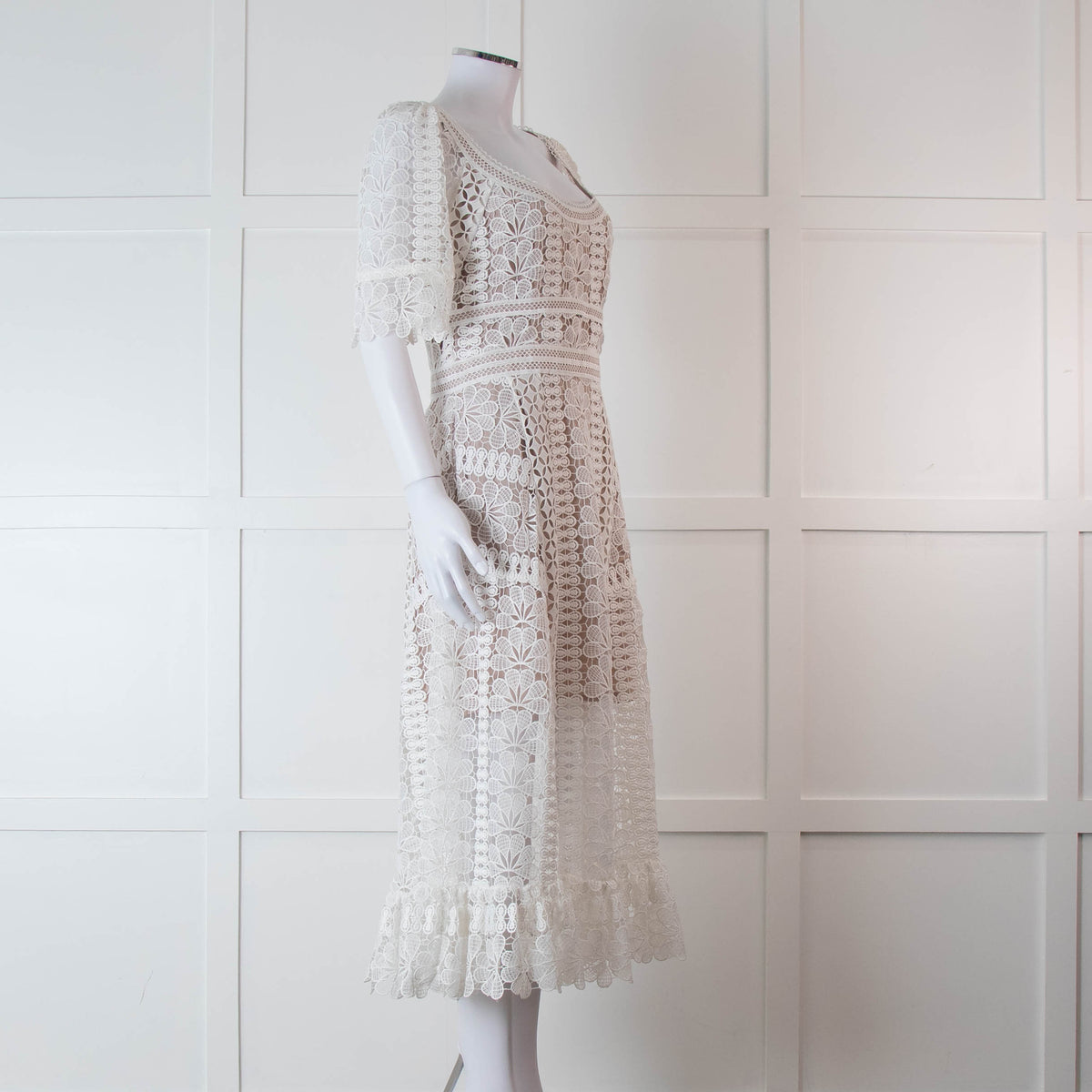 Self-Portrait White Lace Short Sleeve Midi Dress
