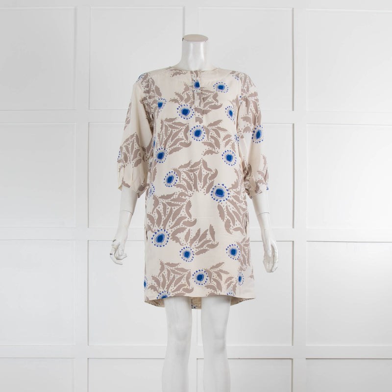 Diane von Furstenburg Blue and Taupe Patterned Silk Shift Dress