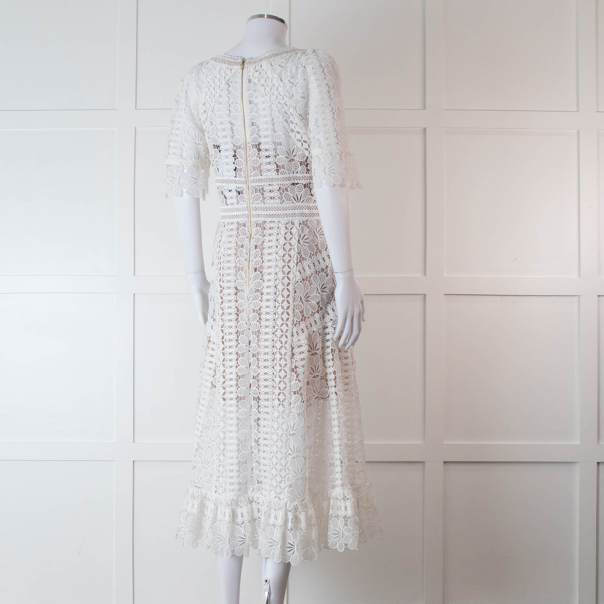 Self-Portrait White Lace Short Sleeve Midi Dress