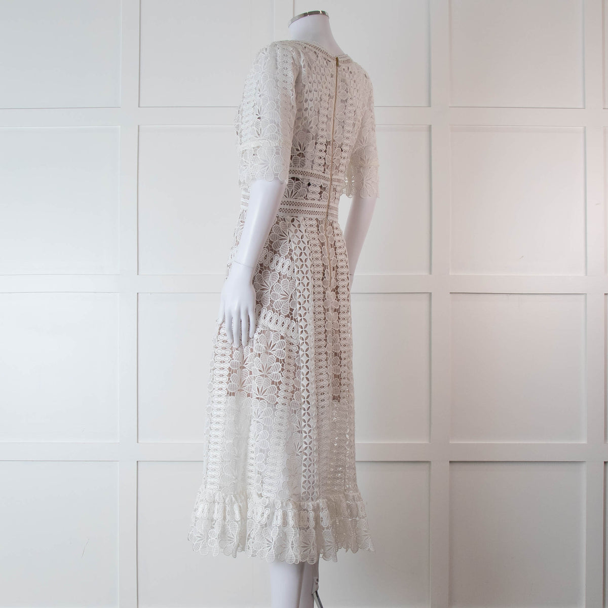 Self-Portrait White Lace Short Sleeve Midi Dress