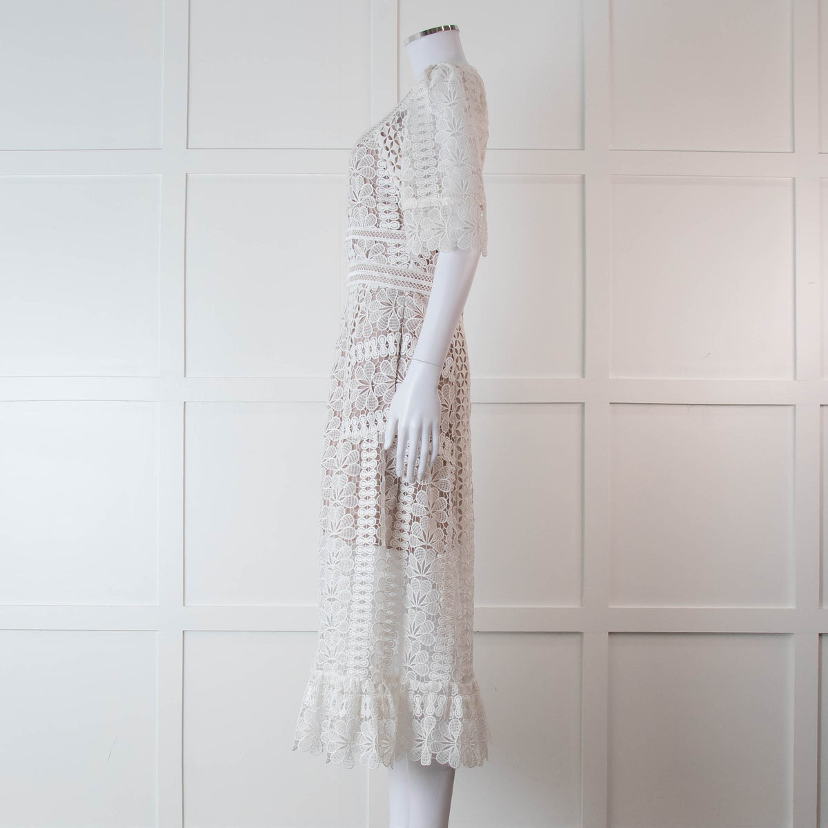 Self-Portrait White Lace Short Sleeve Midi Dress
