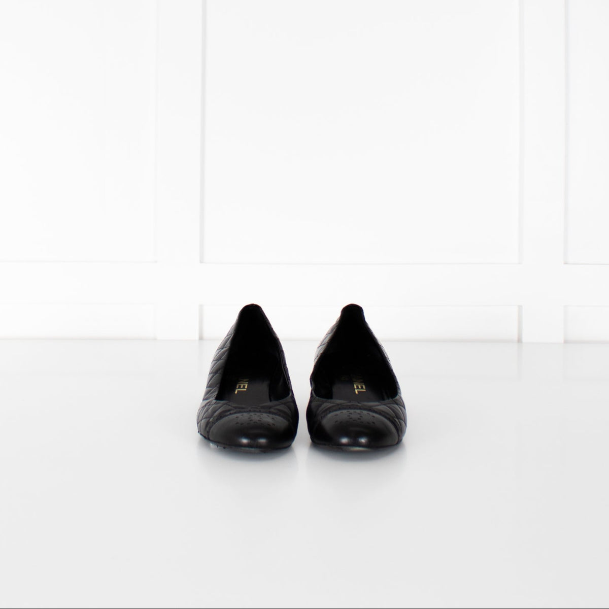 Chanel Black Quilted Block Heel Flats with Scallop Trim
