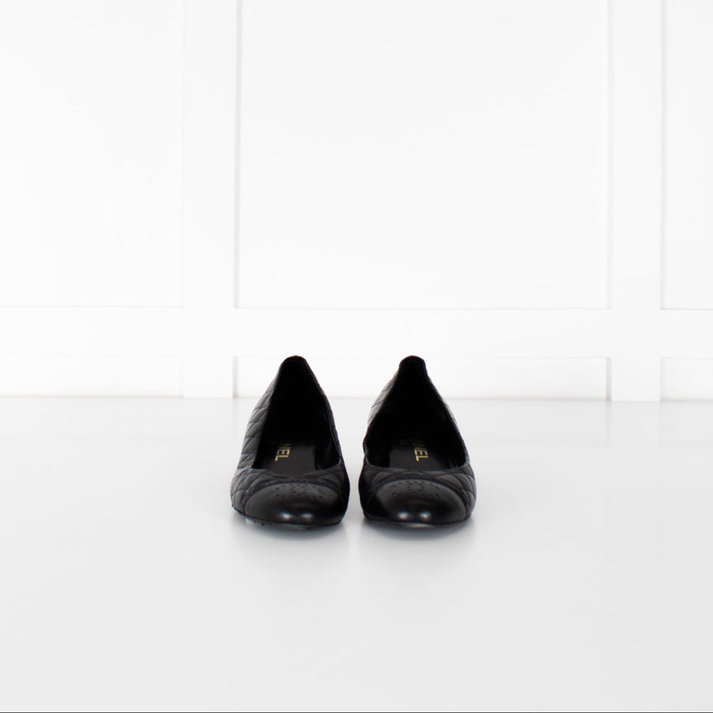 Chanel Black Quilted Block Heel Flats with Scallop Trim