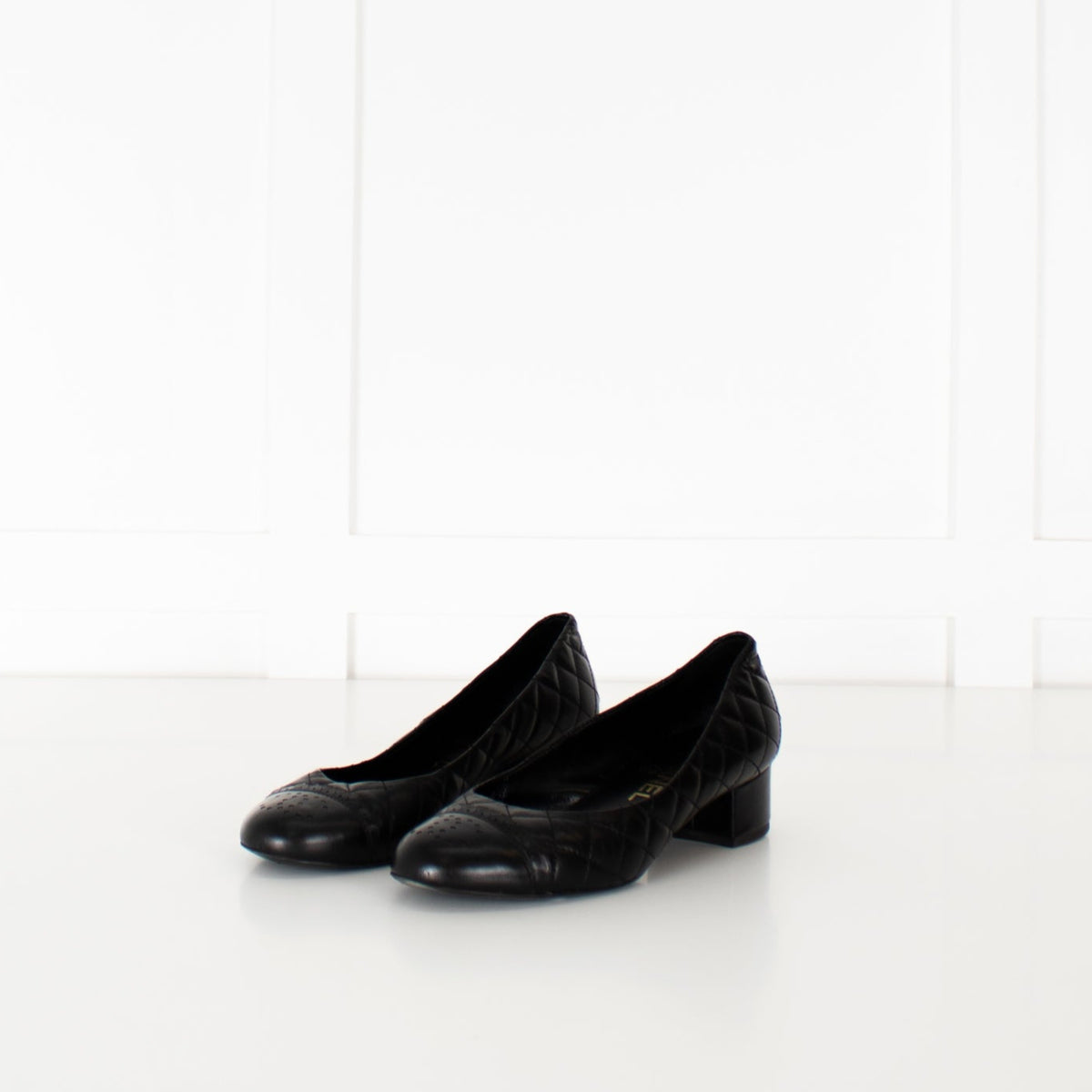 Chanel Black Quilted Block Heel Flats with Scallop Trim