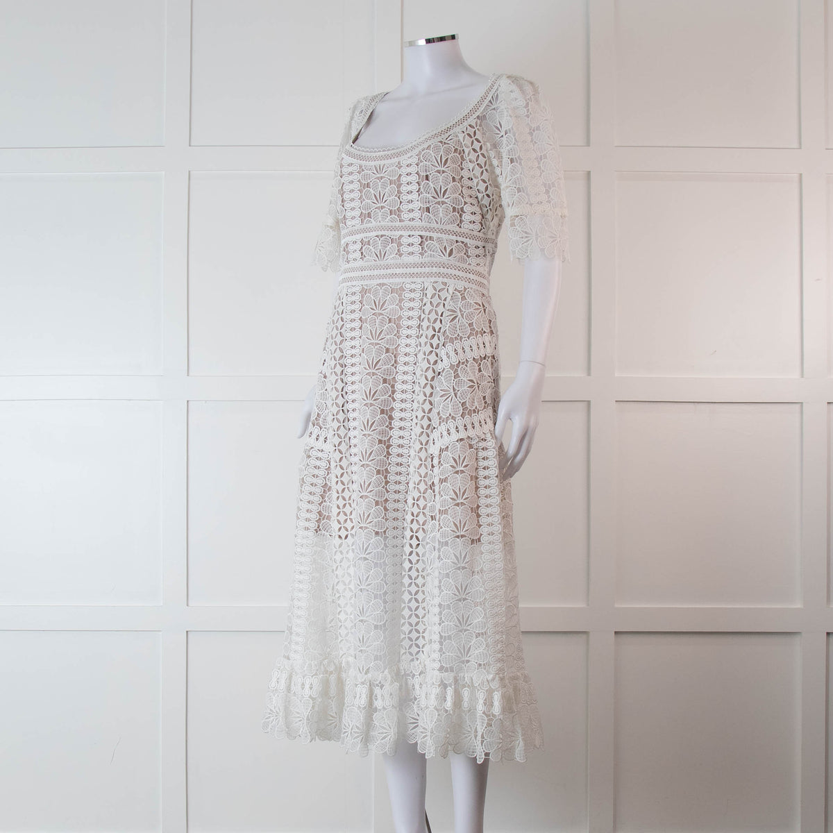 Self-Portrait White Lace Short Sleeve Midi Dress