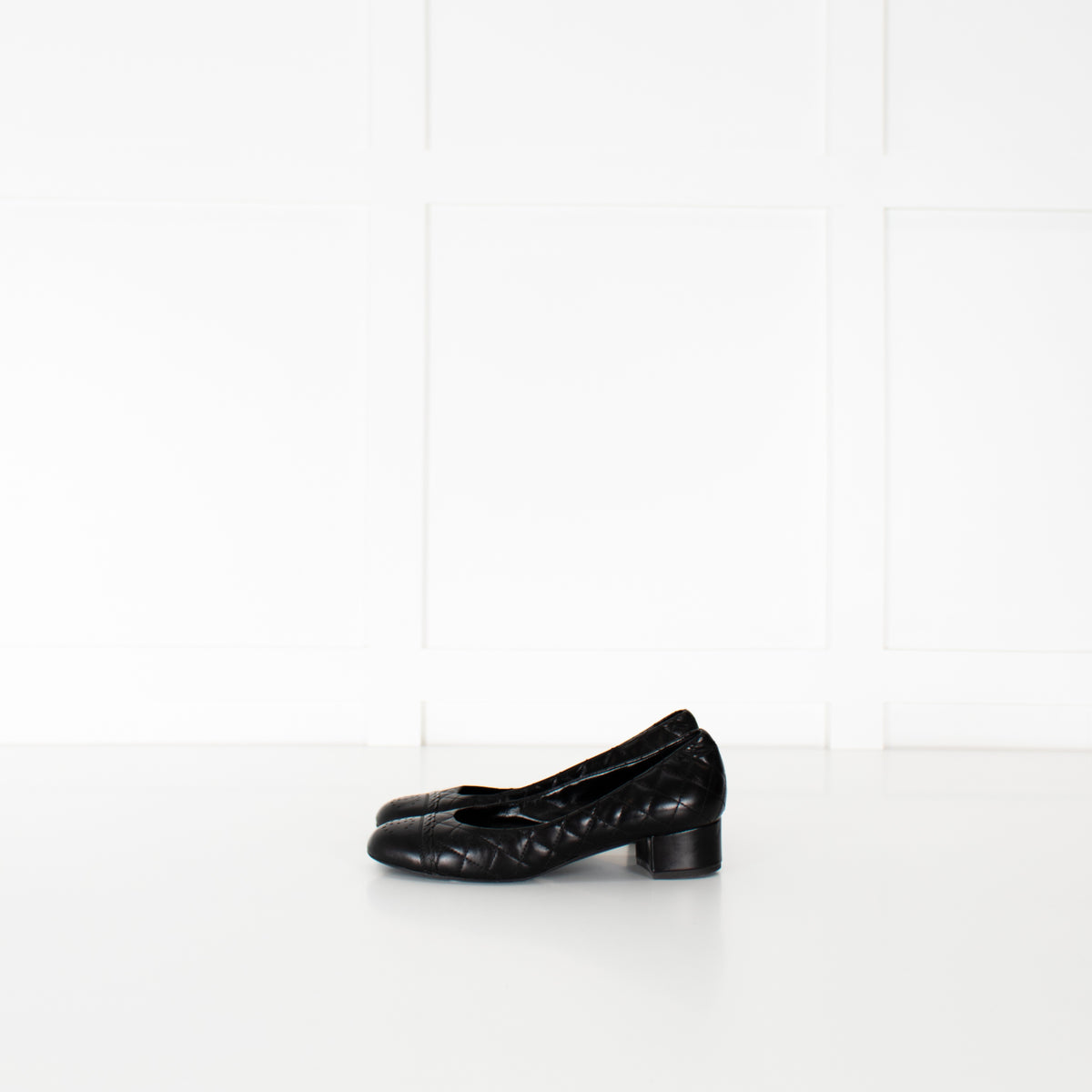 Chanel Black Quilted Block Heel Flats with Scallop Trim