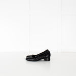 Chanel Black Quilted Block Heel Flats with Scallop Trim