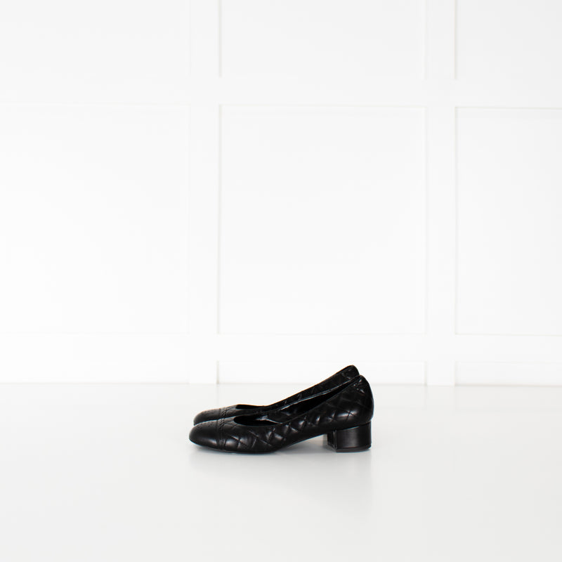 Chanel Black Quilted Block Heel Flats with Scallop Trim