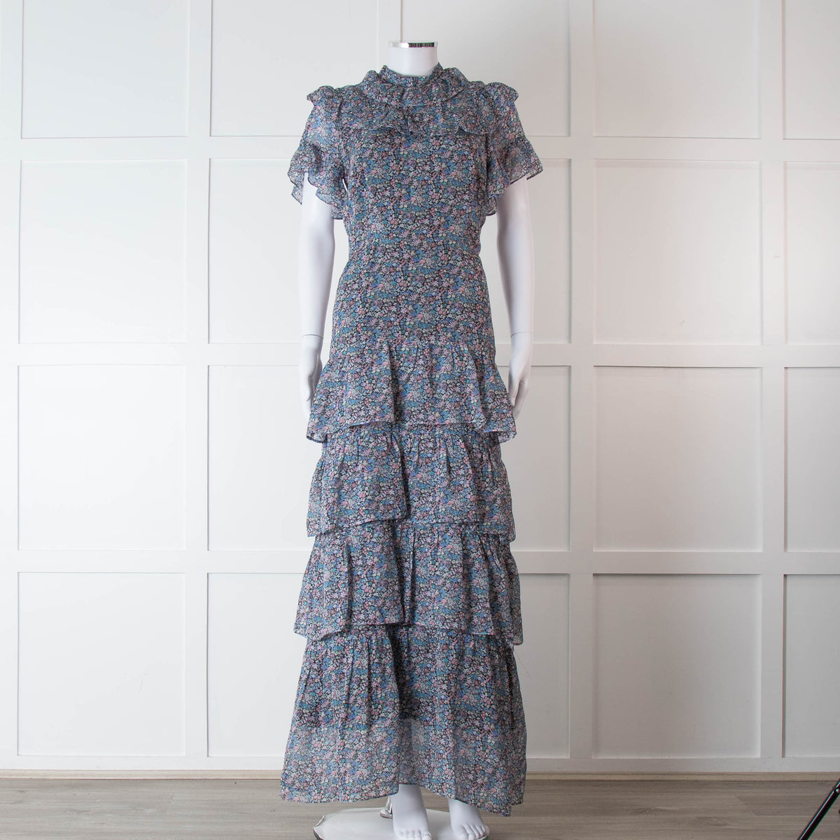 Ridley Black Blue Pink Ditzy Flower Silk Frill Long Dress