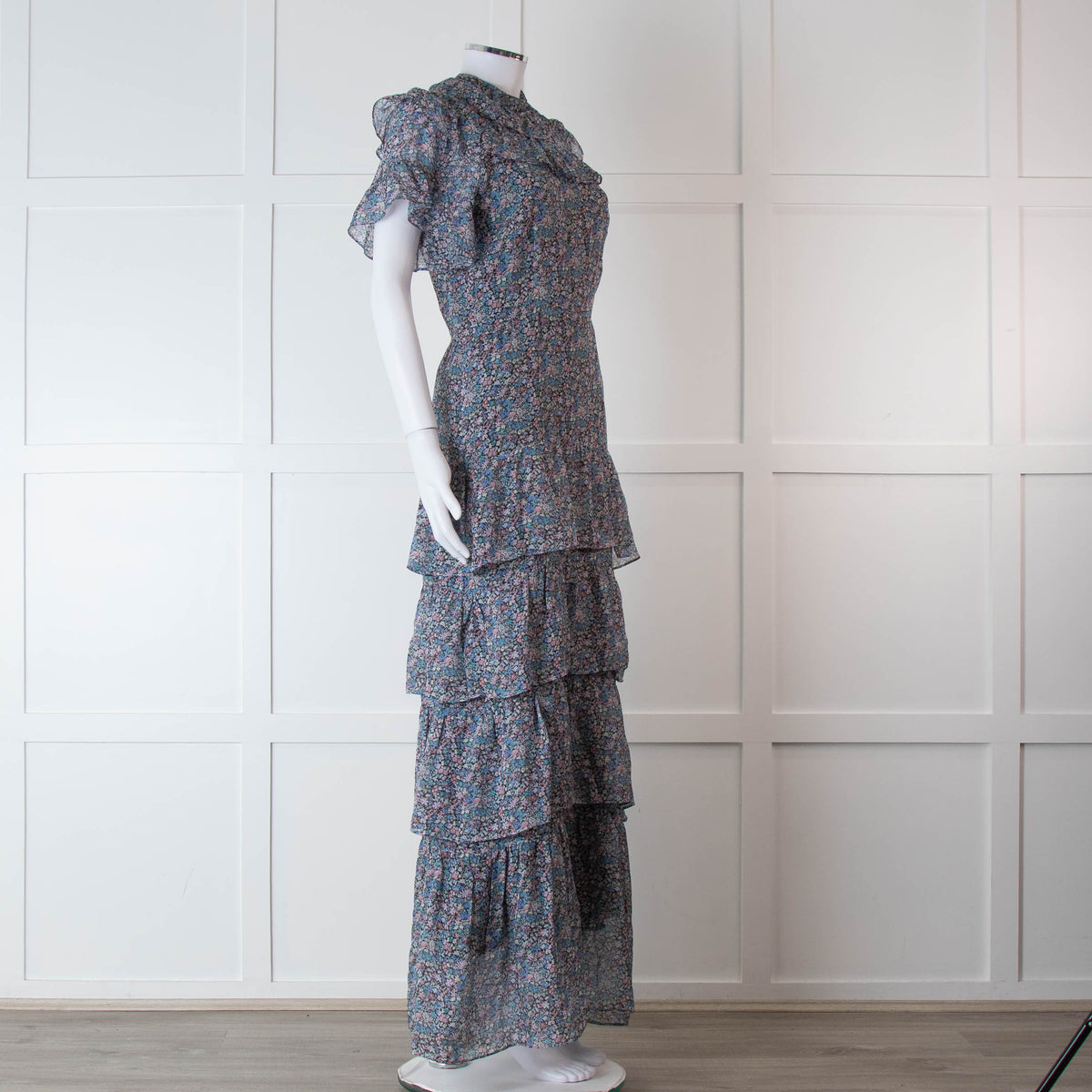 Ridley Black Blue Pink Ditzy Flower Silk Frill Long Dress