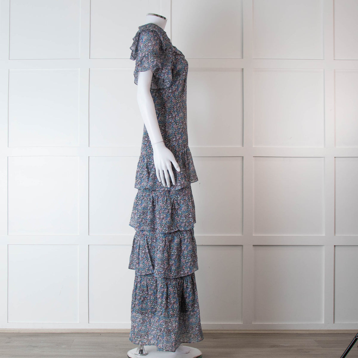 Ridley Black Blue Pink Ditzy Flower Silk Frill Long Dress