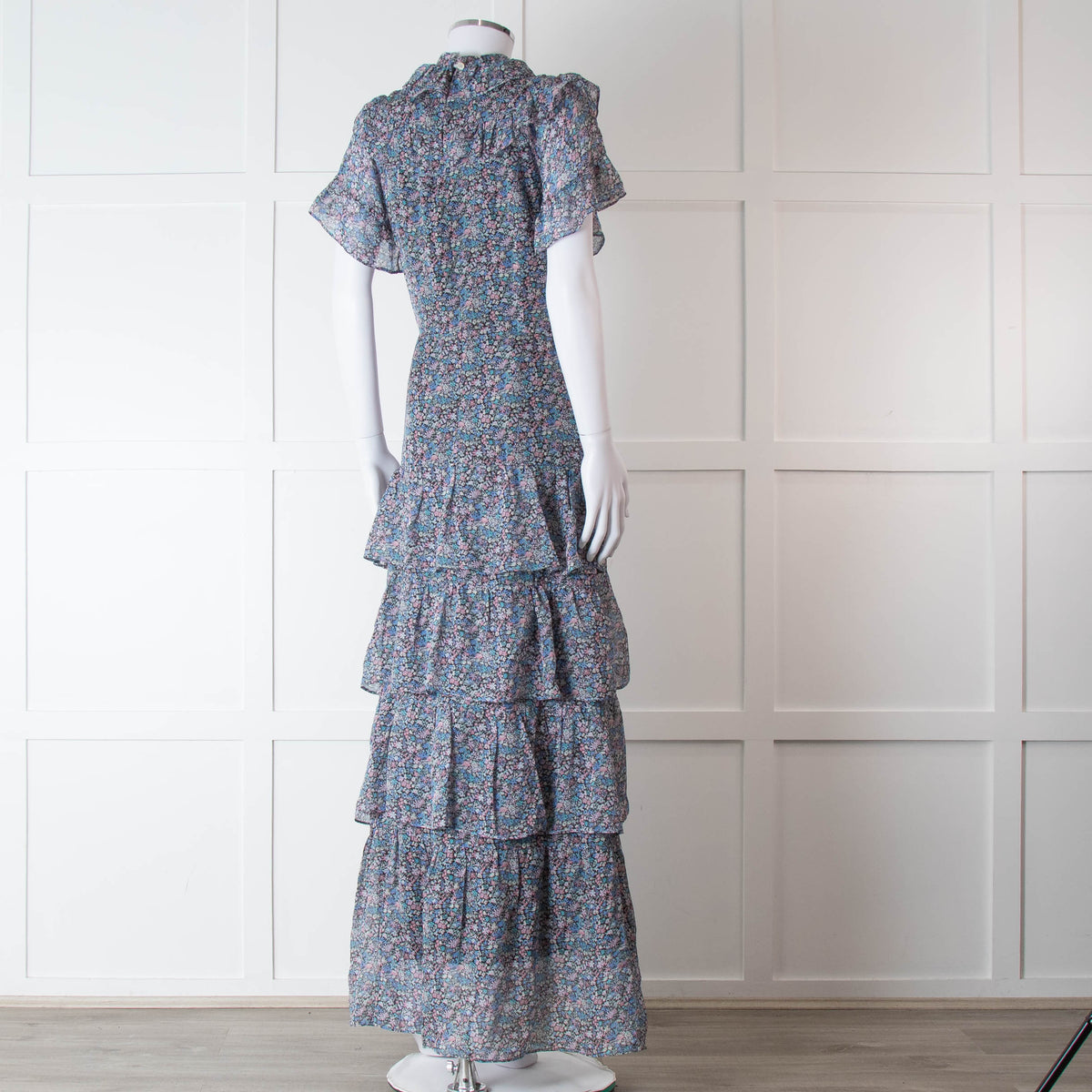 Ridley Black Blue Pink Ditzy Flower Silk Frill Long Dress