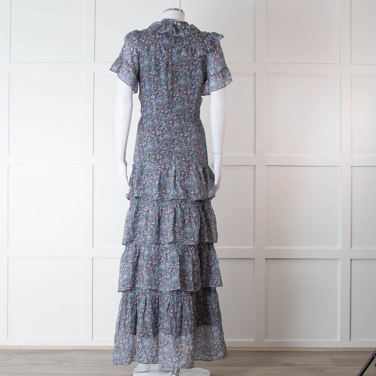 Ridley Black Blue Pink Ditzy Flower Silk Frill Long Dress