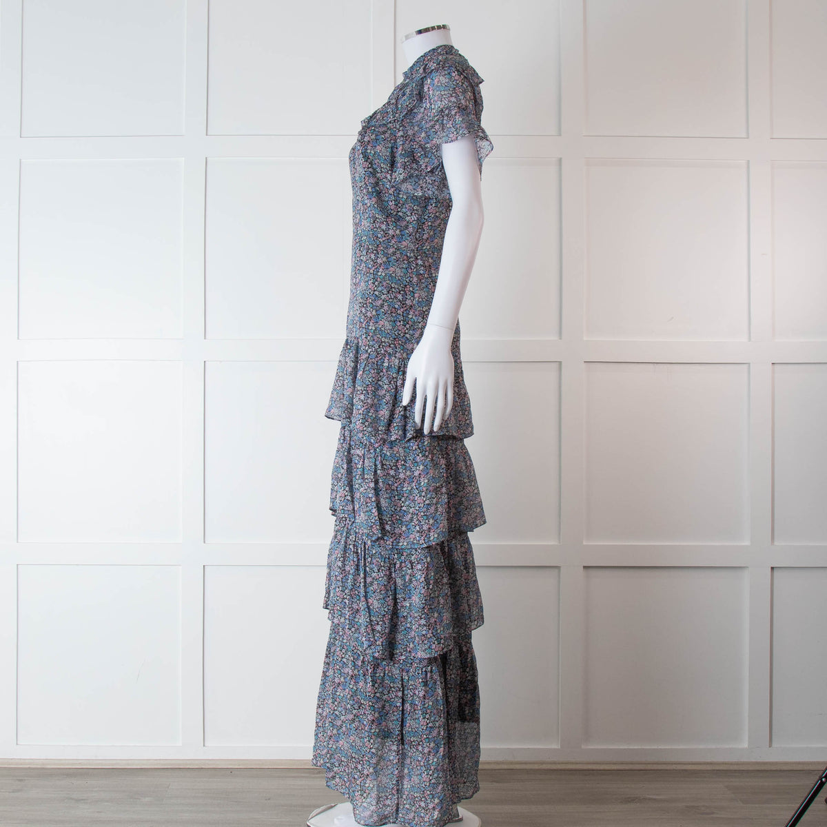 Ridley Black Blue Pink Ditzy Flower Silk Frill Long Dress