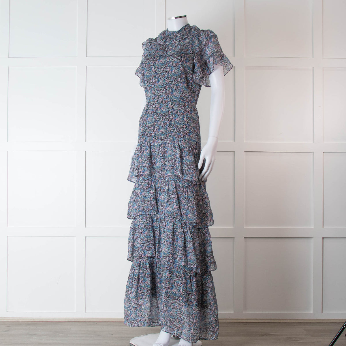 Ridley Black Blue Pink Ditzy Flower Silk Frill Long Dress