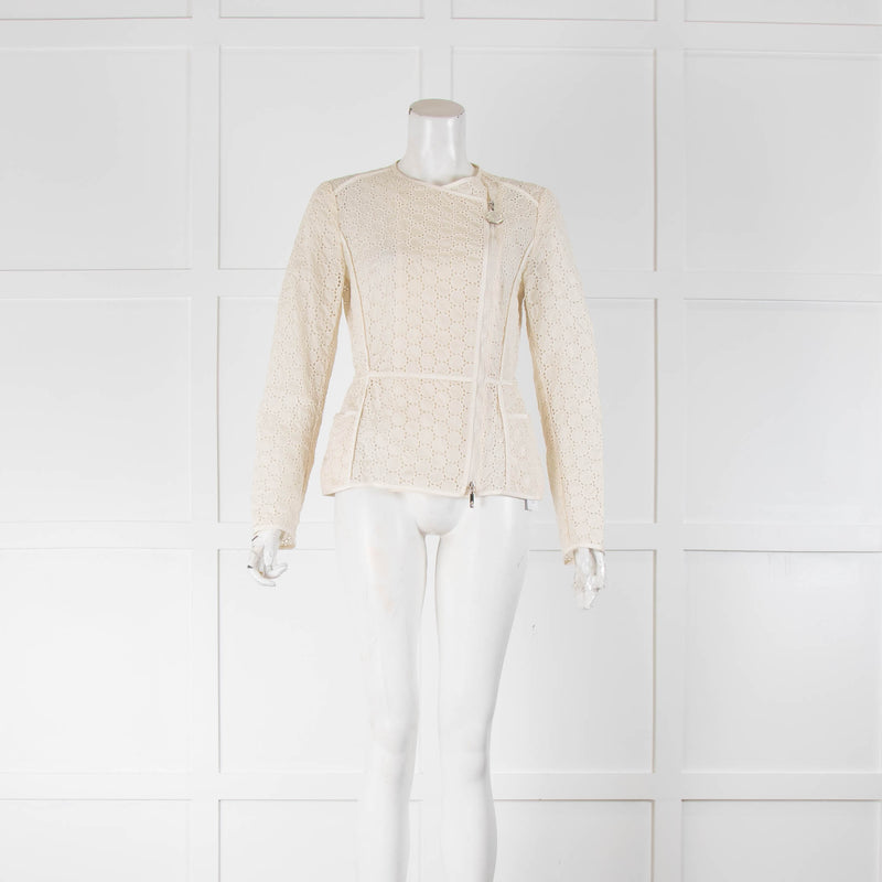 Moncler Cream Embroidered Light Zip Up Jacket