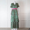 Ridley Green Pink Silk Satin Floral Belted Frill Bottom Maxi Dress