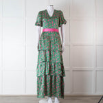 Ridley Green Pink Silk Satin Floral Belted Frill Bottom Maxi Dress