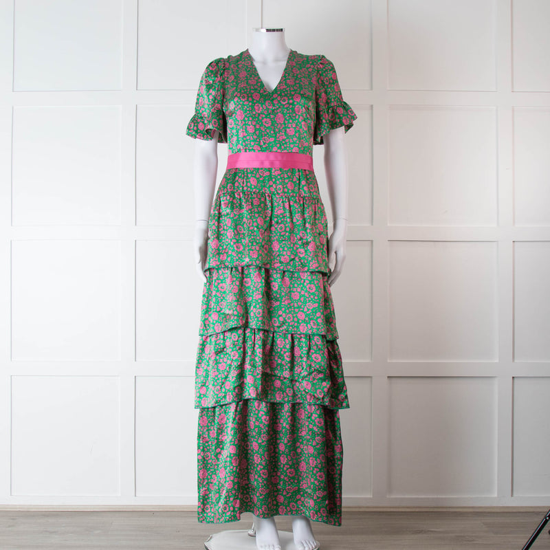 Ridley Green Pink Silk Satin Floral Belted Frill Bottom Maxi Dress
