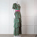 Ridley Green Pink Silk Satin Floral Belted Frill Bottom Maxi Dress