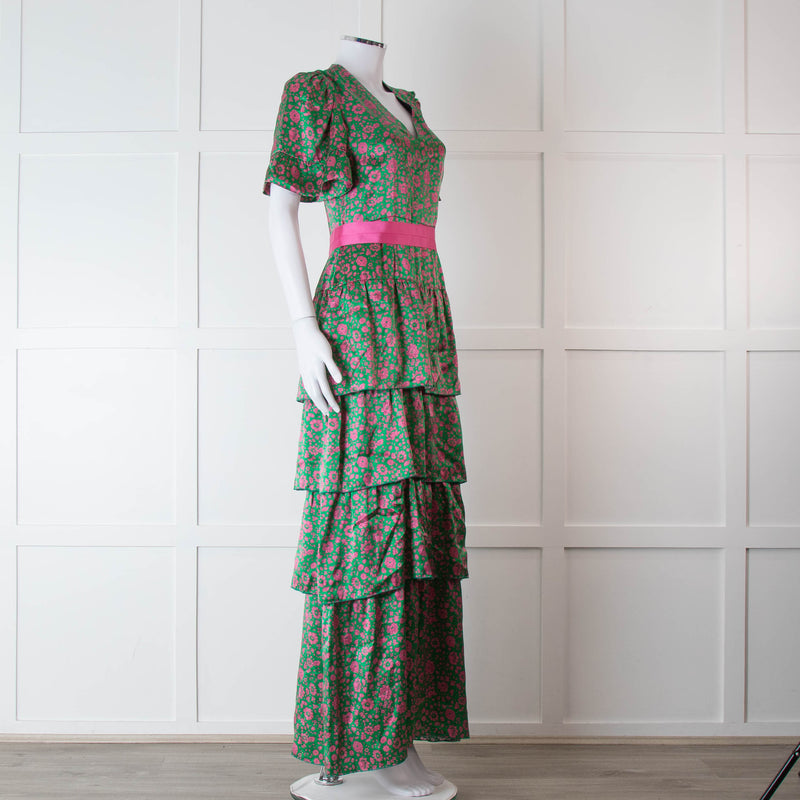 Ridley Green Pink Silk Satin Floral Belted Frill Bottom Maxi Dress
