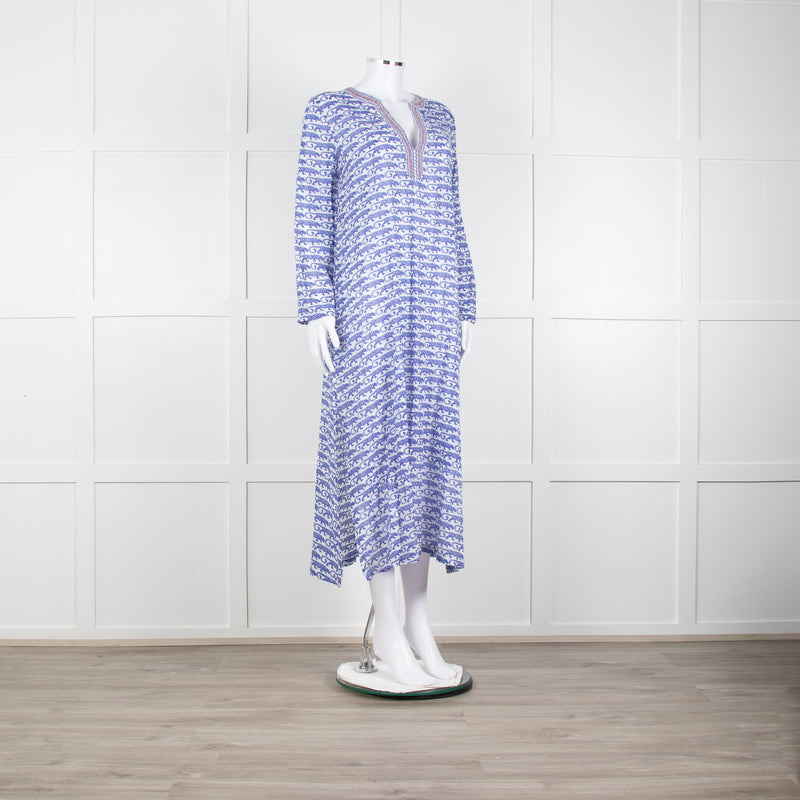 Le Sirenuse Blue and White Cheetah Block Print Dress
