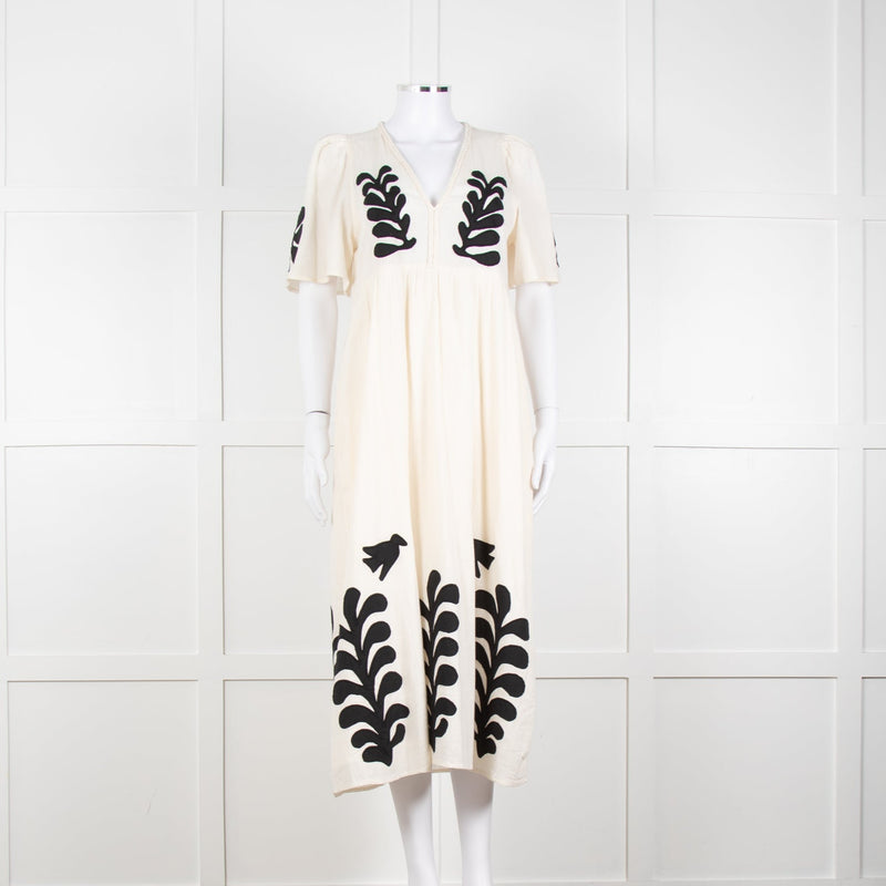 Leon & Harper Cream Cheesecloth Dress With Black Applique Pattern