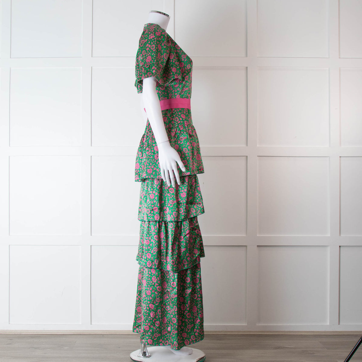 Ridley Green Pink Silk Satin Floral Belted Frill Bottom Maxi Dress