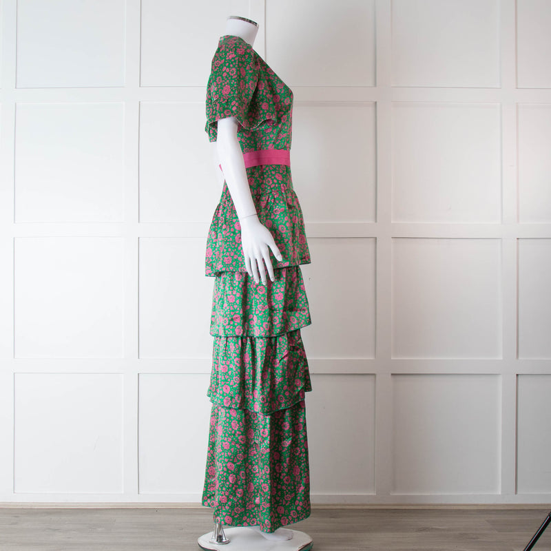 Ridley Green Pink Silk Satin Floral Belted Frill Bottom Maxi Dress