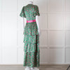 Ridley Green Pink Silk Satin Floral Belted Frill Bottom Maxi Dress